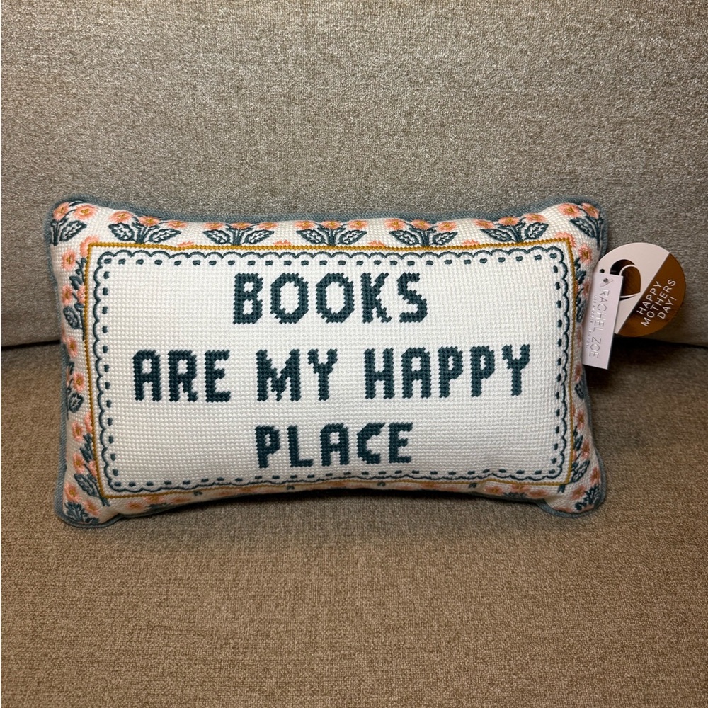 Books Are My Happy Place Rachel Zoe White Blue Floral Needlepoint Pillow NWT New
